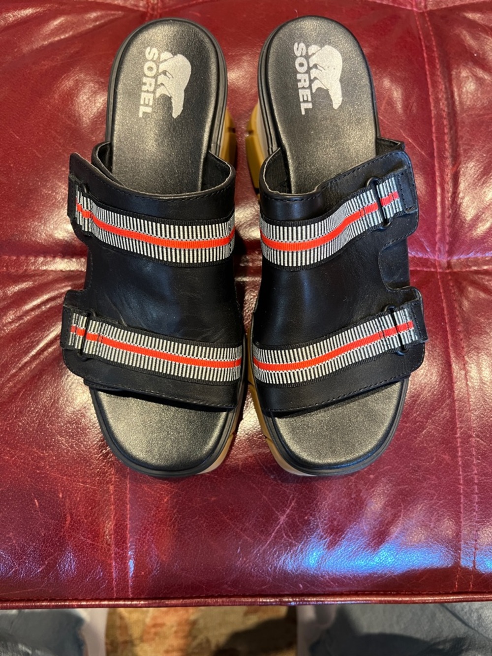 Sorel Black Platform Slide Sandals with Red and White Stripes